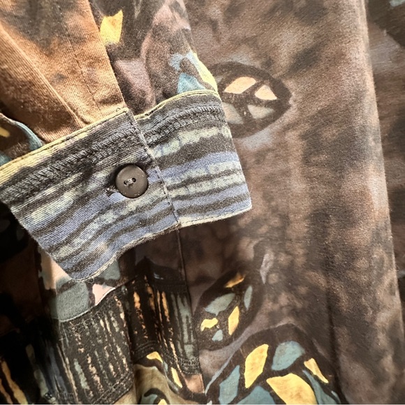 Hand Died Button Up Faux Neck Tunic Natural Tones with Leafs and Stripes 1X - Picture 9 of 13